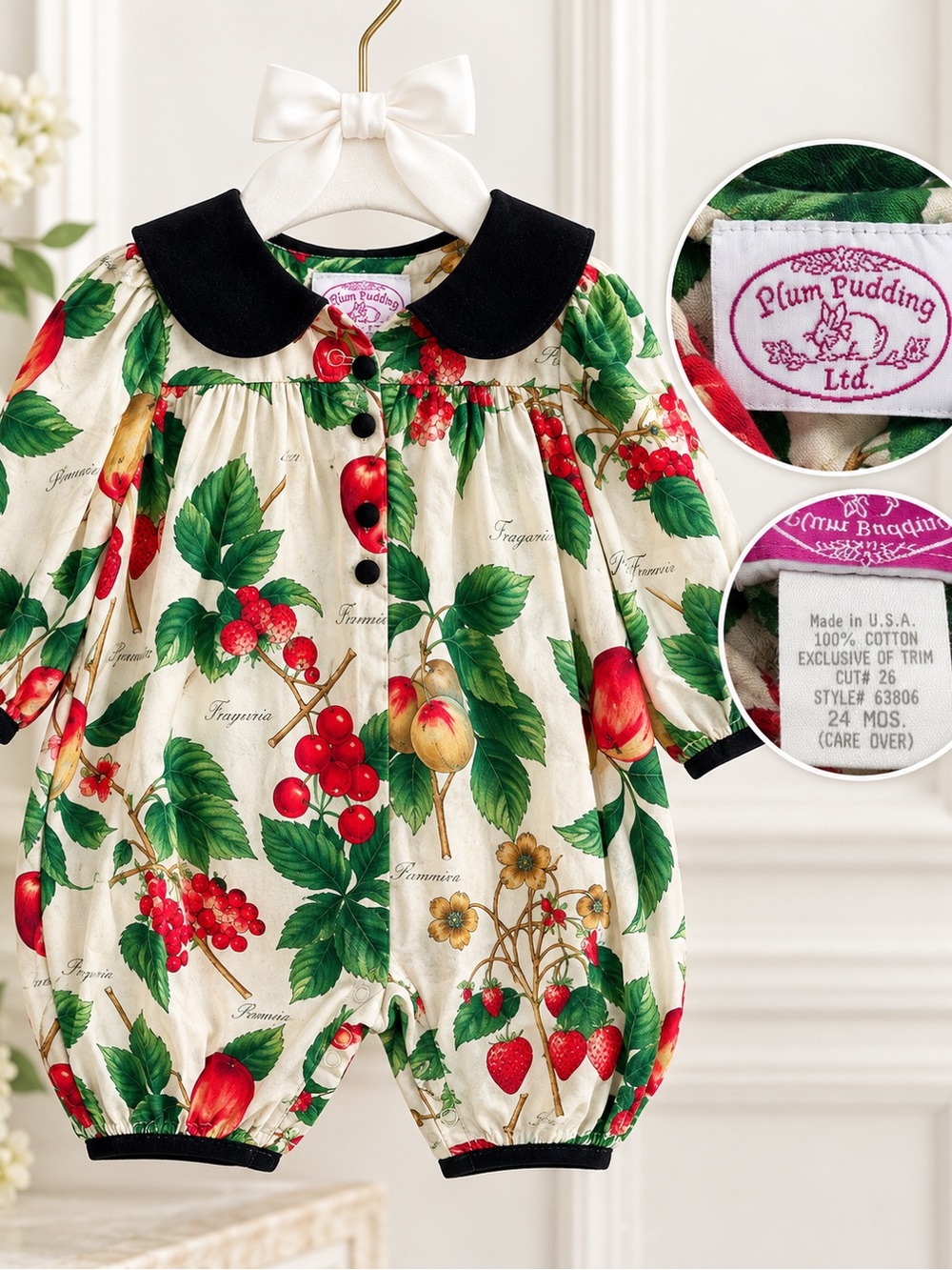 Vintage Plum Pudding Ltd 24M Fruit Botanical Romper Made USA 100% Cotton Velvet